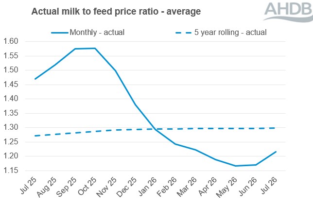 Milk to feed price ratio line graph to Jul 26. 